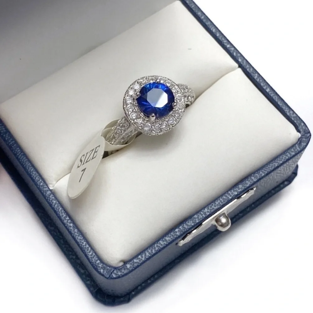 Sterling Silver Sapphire Engagement Ring with CZ Halo Size 7